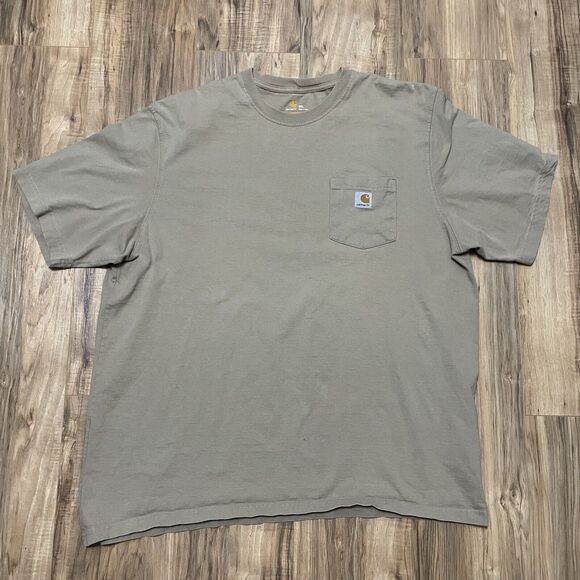 Carhartt Men Shirt 2XL Tan Original Fit Crew Neck Pocket Work Wear - TINY HOLE - Picture 1 of 6
